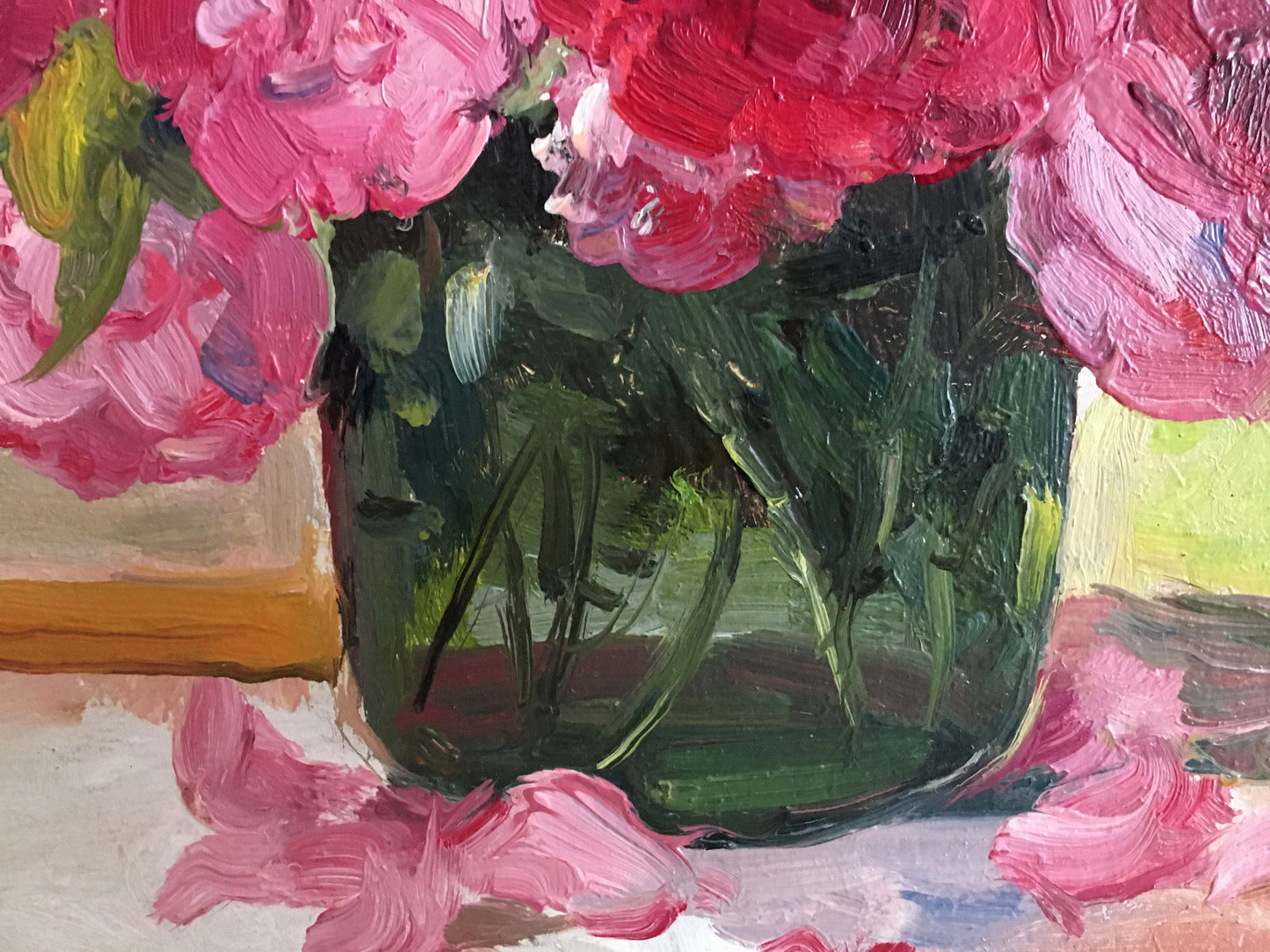 Oil painting of pink peonies by Konovalyuk Fedor Zotikovich in green vase