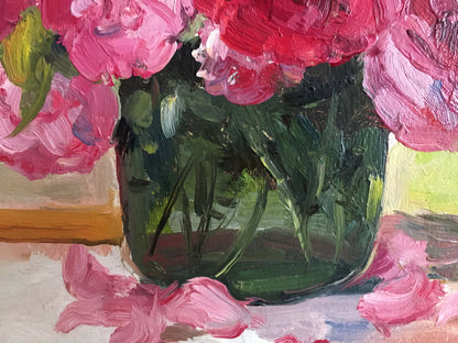 Oil painting of pink peonies by Konovalyuk Fedor Zotikovich in green vase