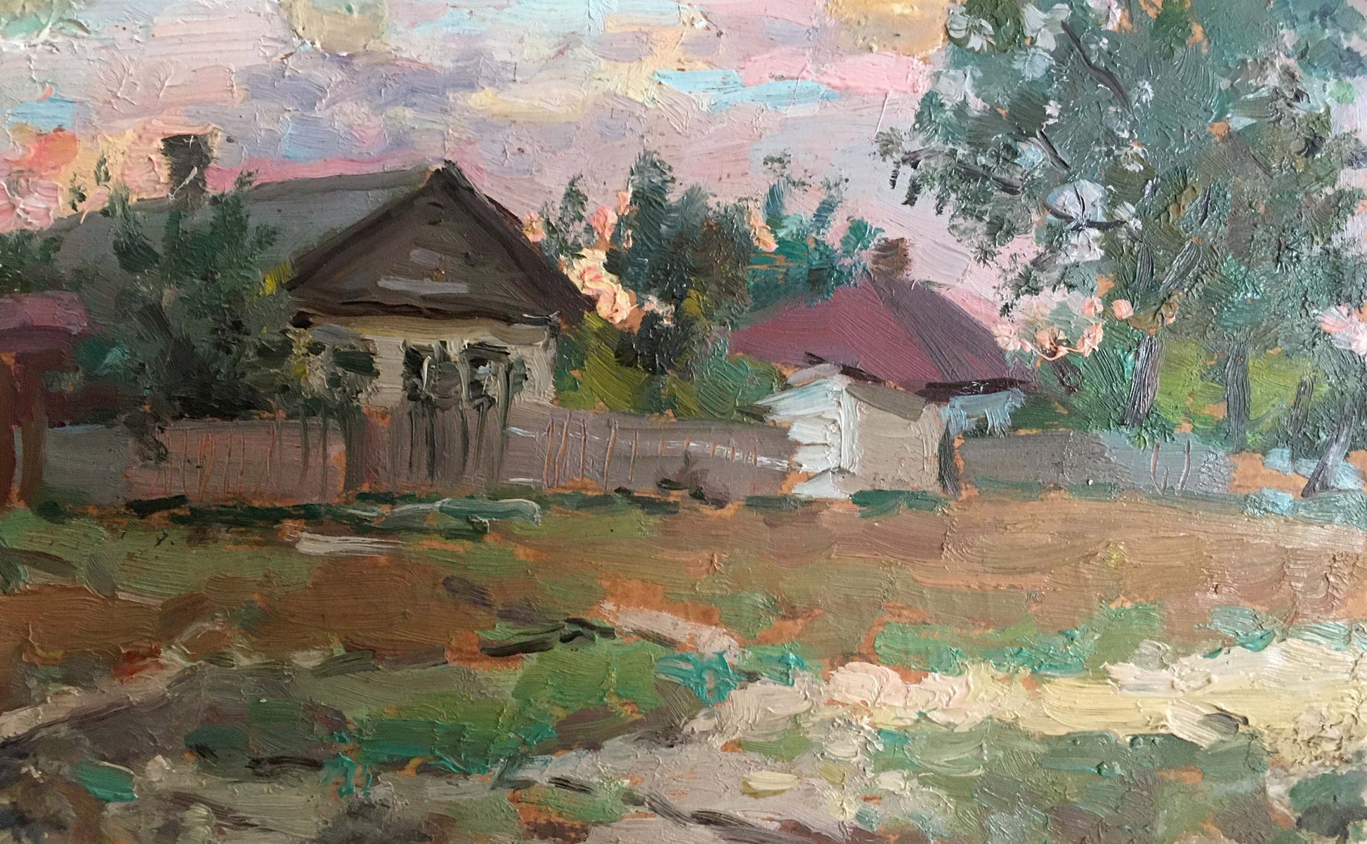 Oil painting Rural landscape Mara Yang: rustic wooden house with dark roof