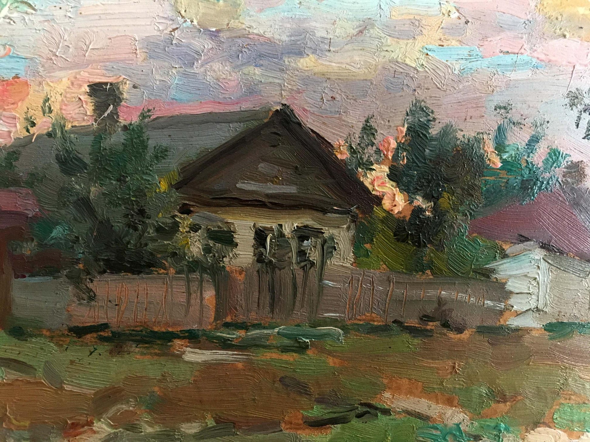 Oil painting Rural landscape Mara Yang: rustic wooden house with dark roof