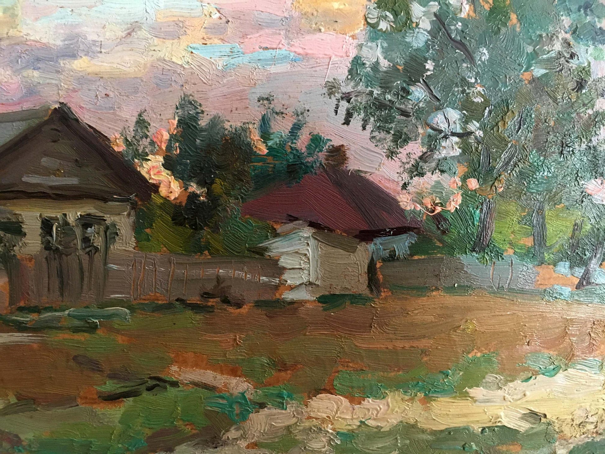Oil painting Rural landscape Mara Yang: rustic houses and green trees