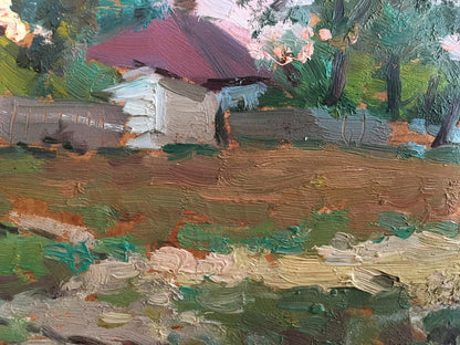Oil painting Rural landscape Mara Yang: rustic house with red roof in green trees