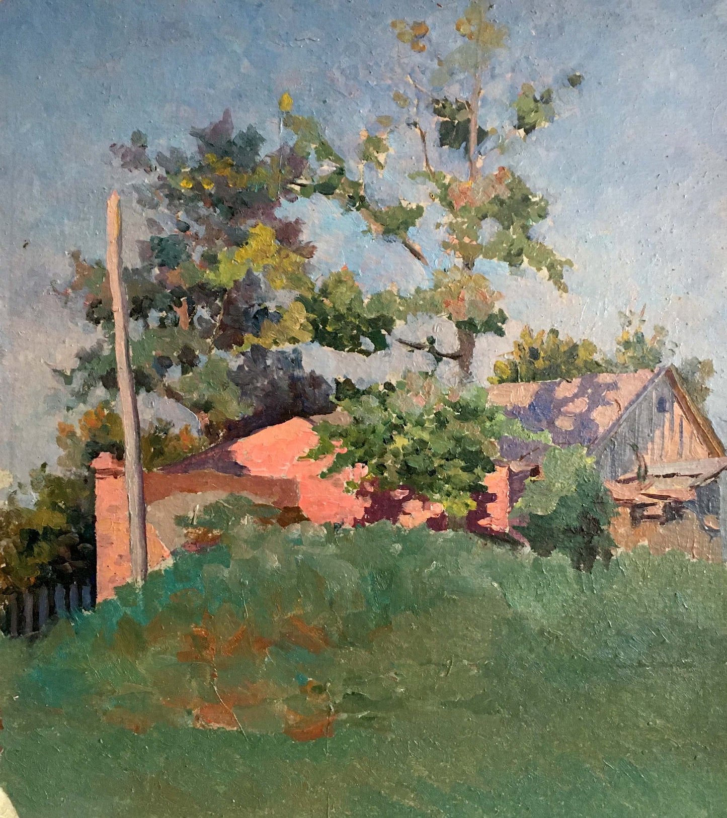 Oil painting of rustic red-brick house hidden among lush green trees