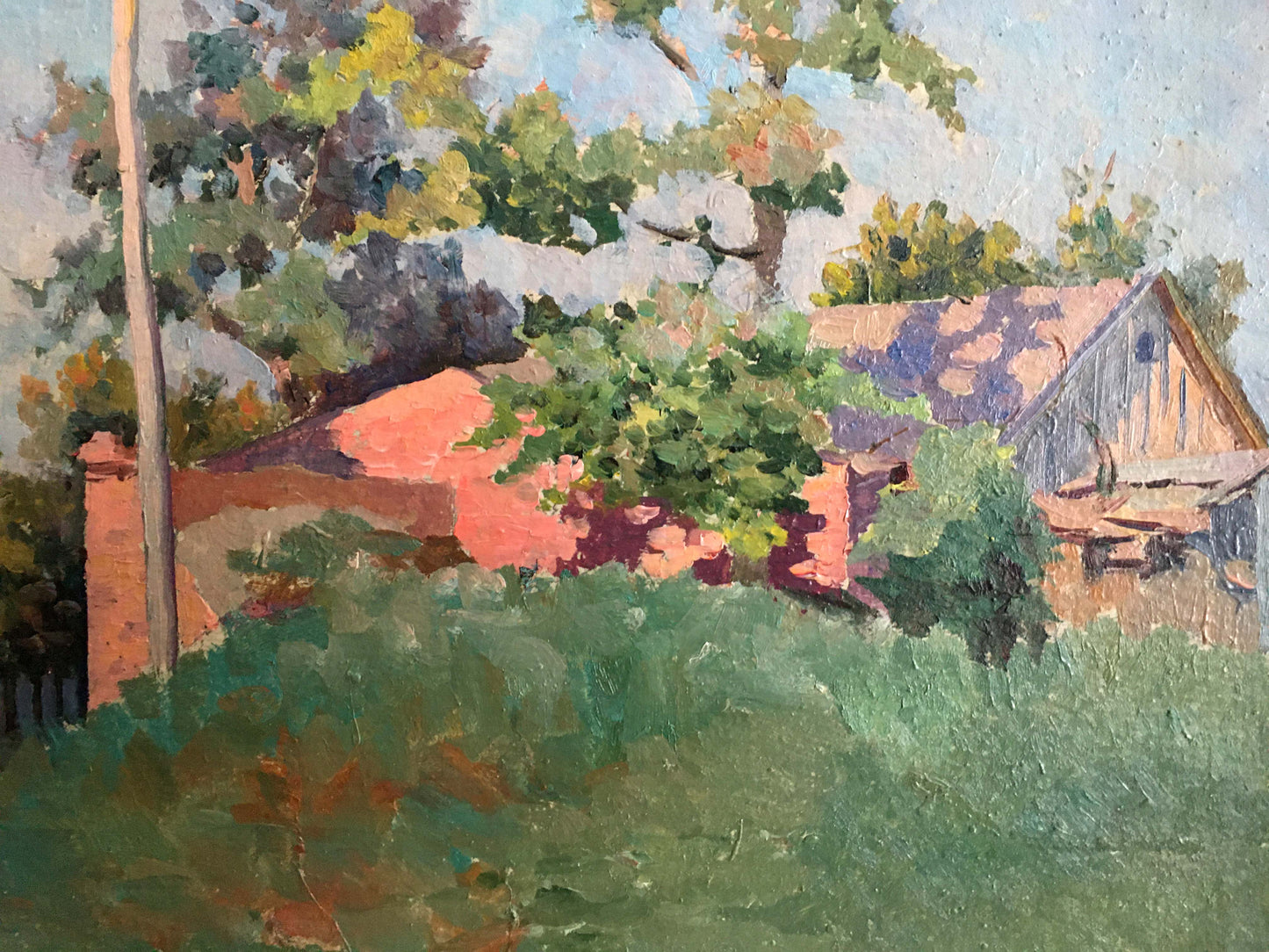 Oil painting of rustic red brick house hidden among lush green trees