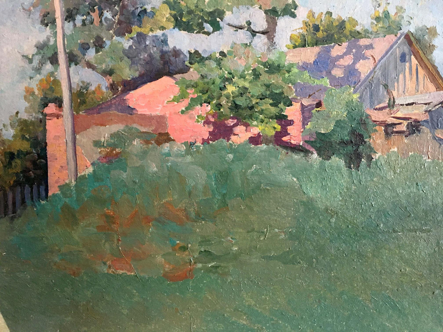 Oil painting of rustic red brick house hidden among lush green trees