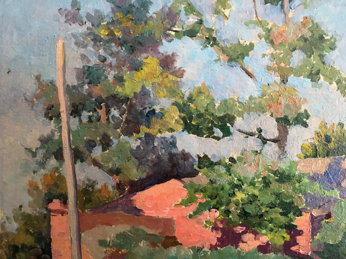 Vibrant impressionist oil painting of house hidden among lush green trees
