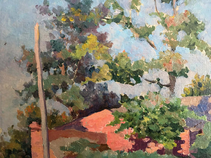 Vibrant impressionist oil painting of house hidden among lush green trees