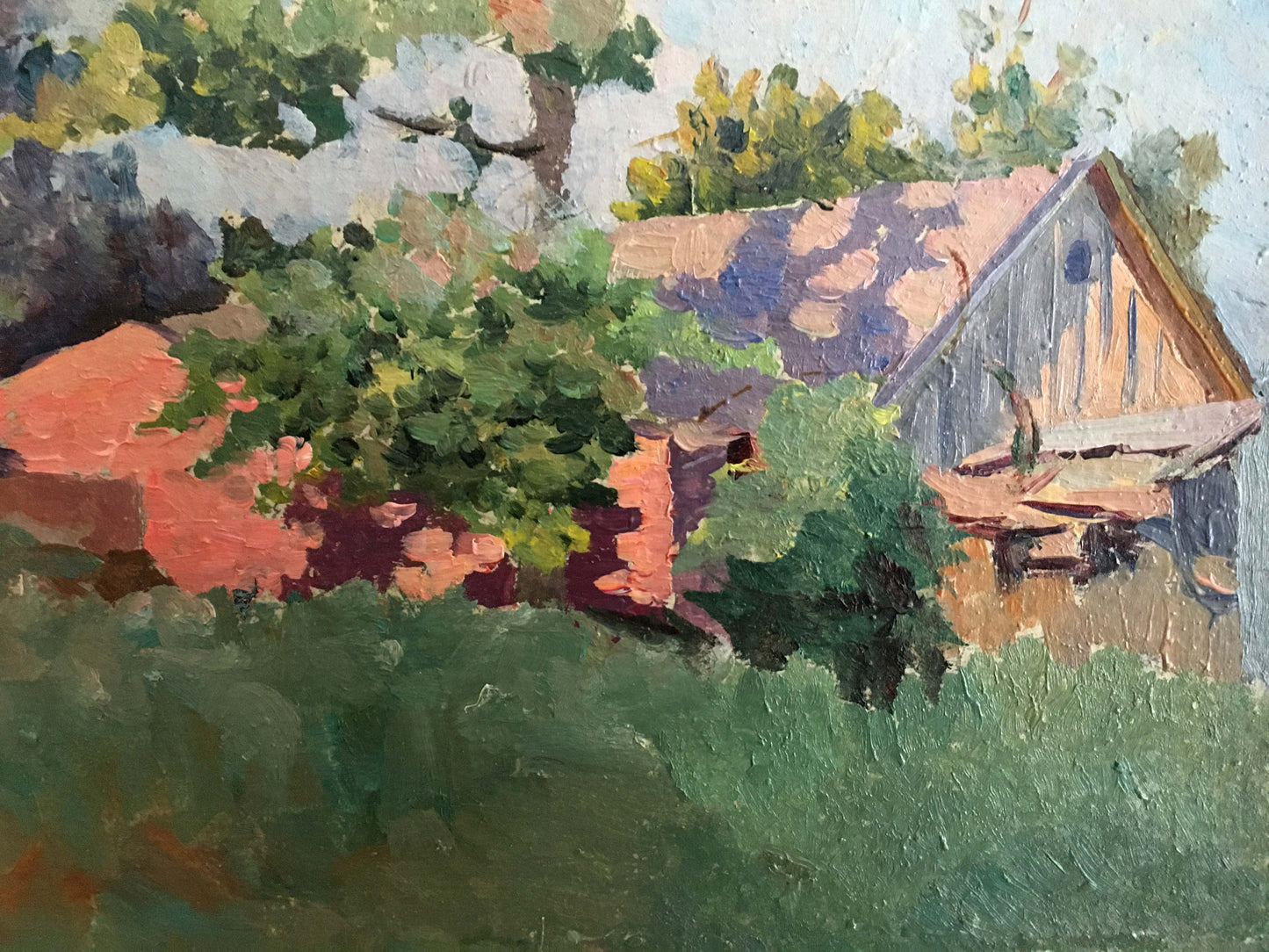 Oil painting of rustic barn hidden among lush green trees