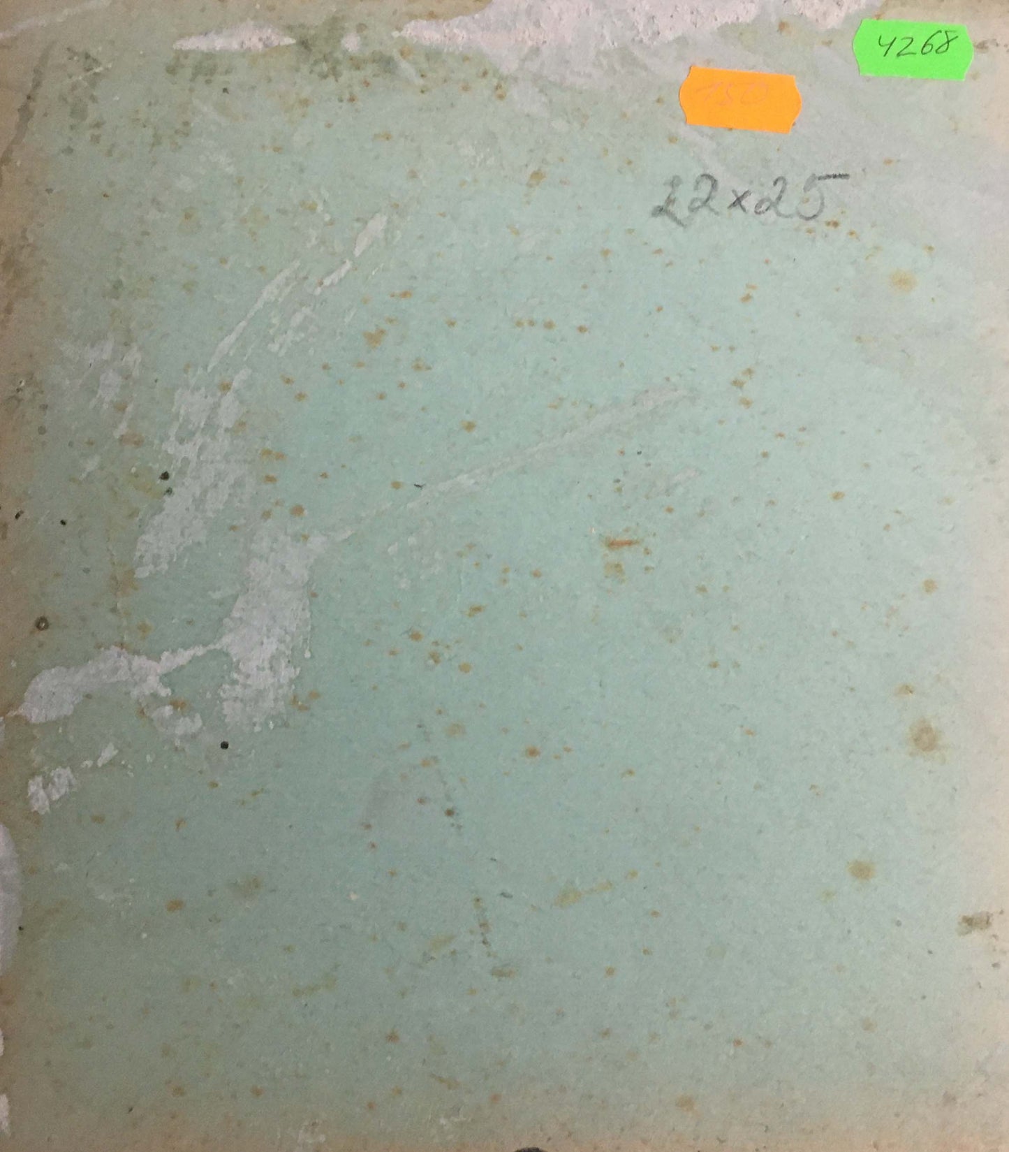 Weathered light green ceramic tile with cracks in Oil painting The house is hidden among the trees
