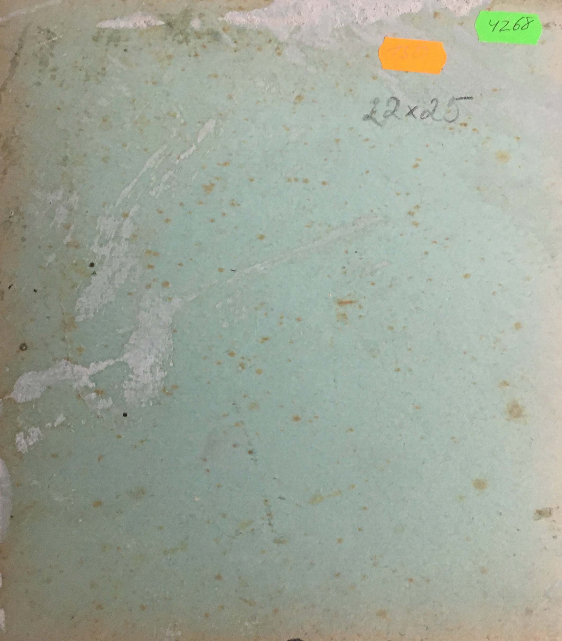 Weathered light green ceramic tile with cracks in Oil painting The house is hidden among the trees