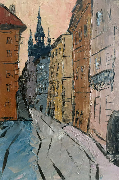 Oil painting by Litvin Vitaliy Sviridovich: narrow European street with spire
