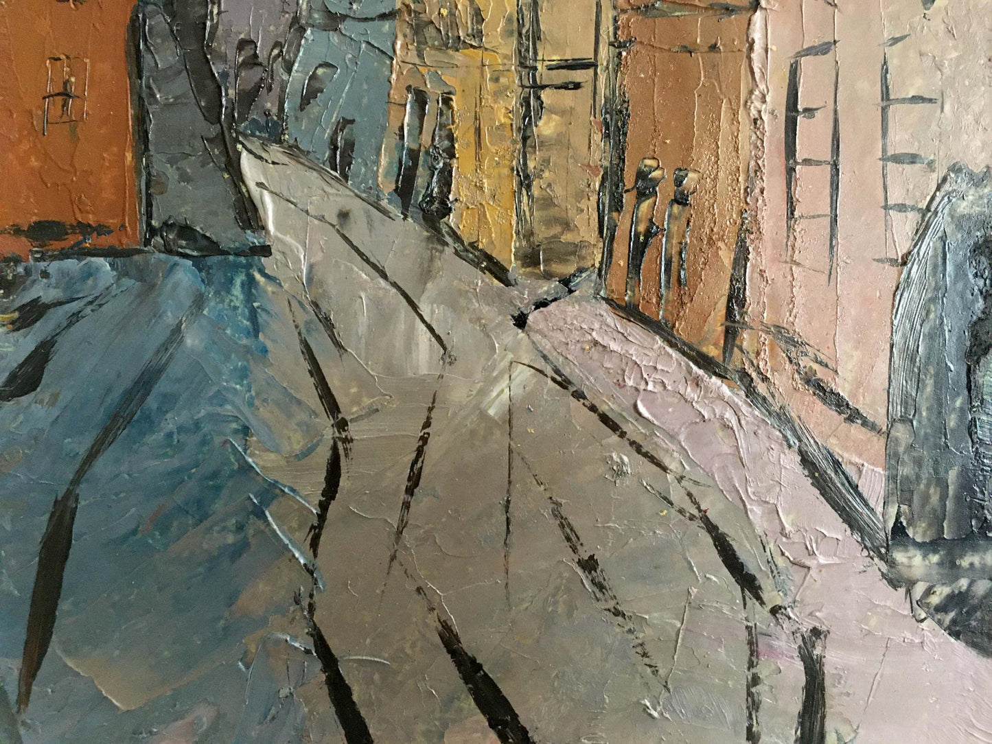 Textured oil painting of narrow cobblestone alley by Litvin Vitaliy Sviridovich