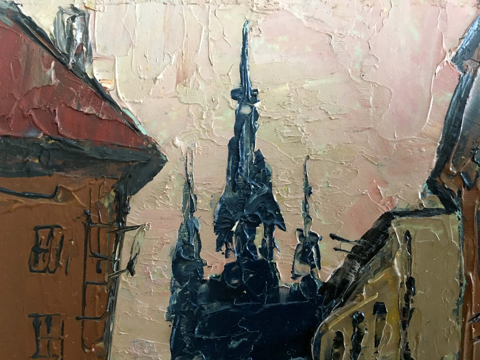 Oil painting by Litvin Vitaliy Sviridovich: textured dark spire street landscape
