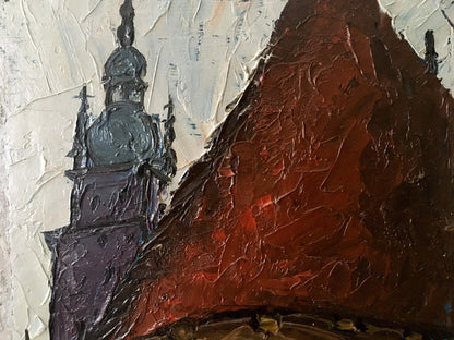 Impasto oil painting by Litvin Vitaliy Sviridovich: dark church spire on red-brown mountain