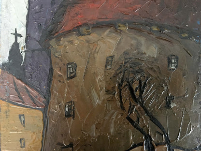 Oil painting of textured brown church landscape by Litvin Vitaliy Sviridovich