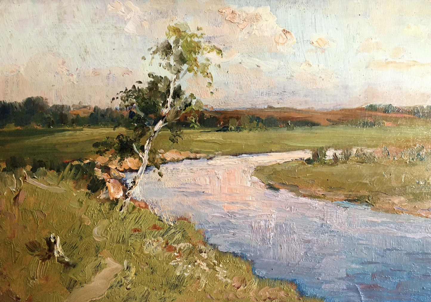 Serene impressionistic oil painting of river landscape by Sergeyev N. S
