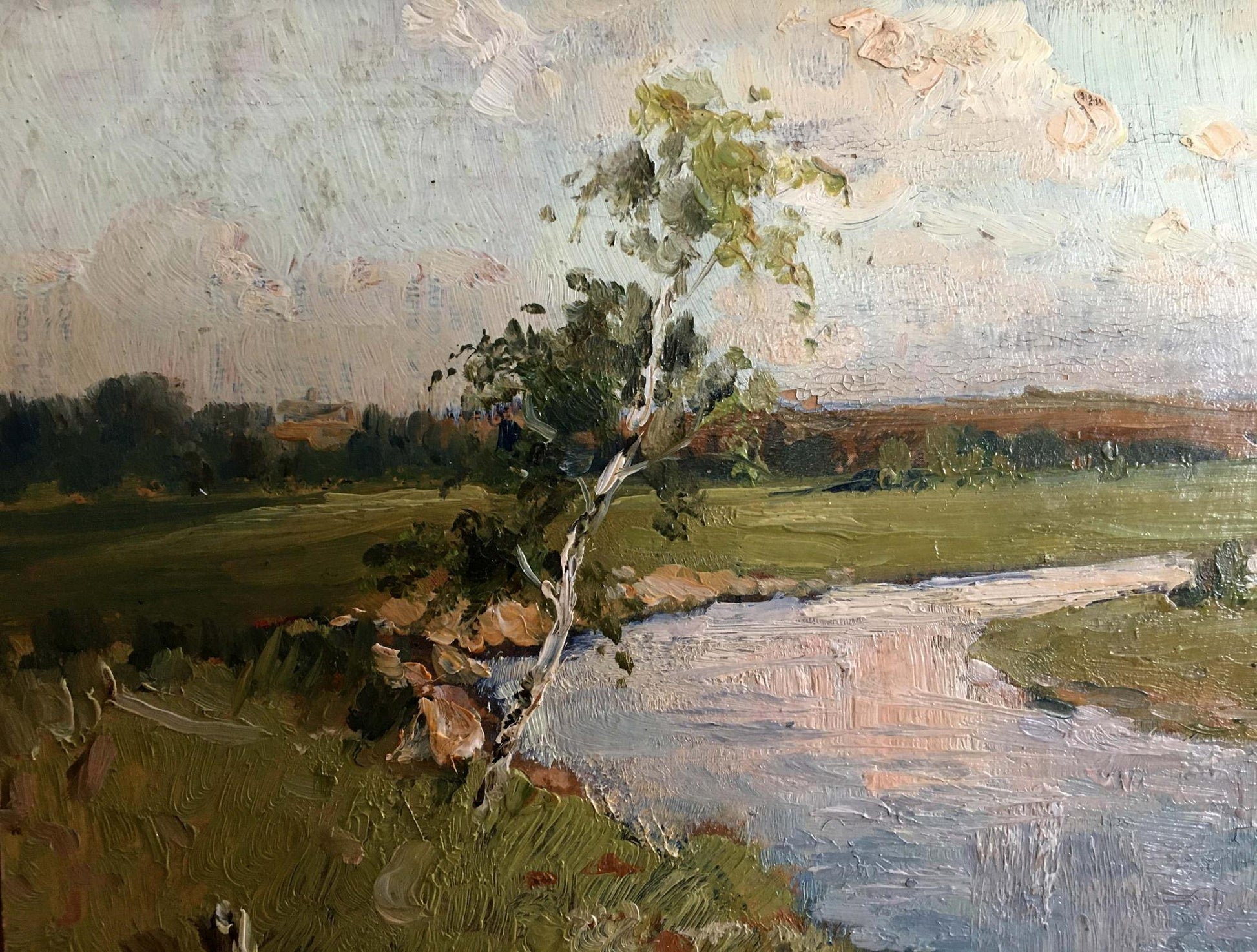 Oil painting of birch tree by stream by Sergeyev N. S