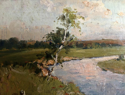 Oil painting of birch tree by stream by Sergeyev N. S