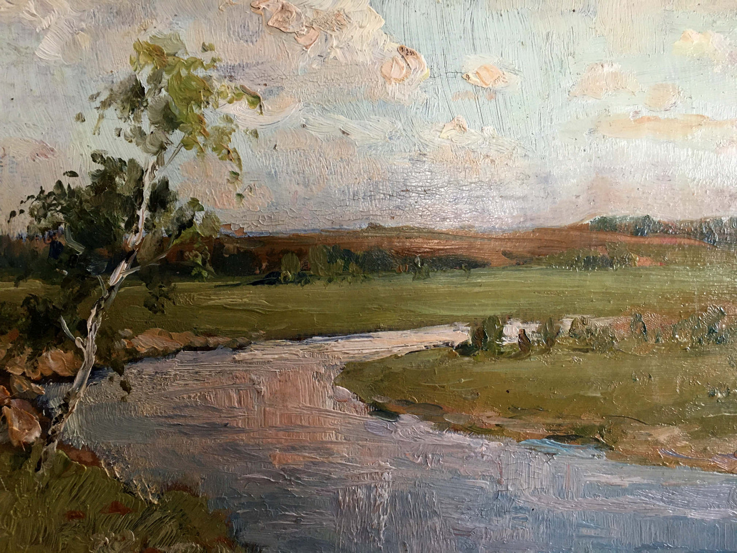 Oil painting River landscape by Sergeyev N. S. with river and tree