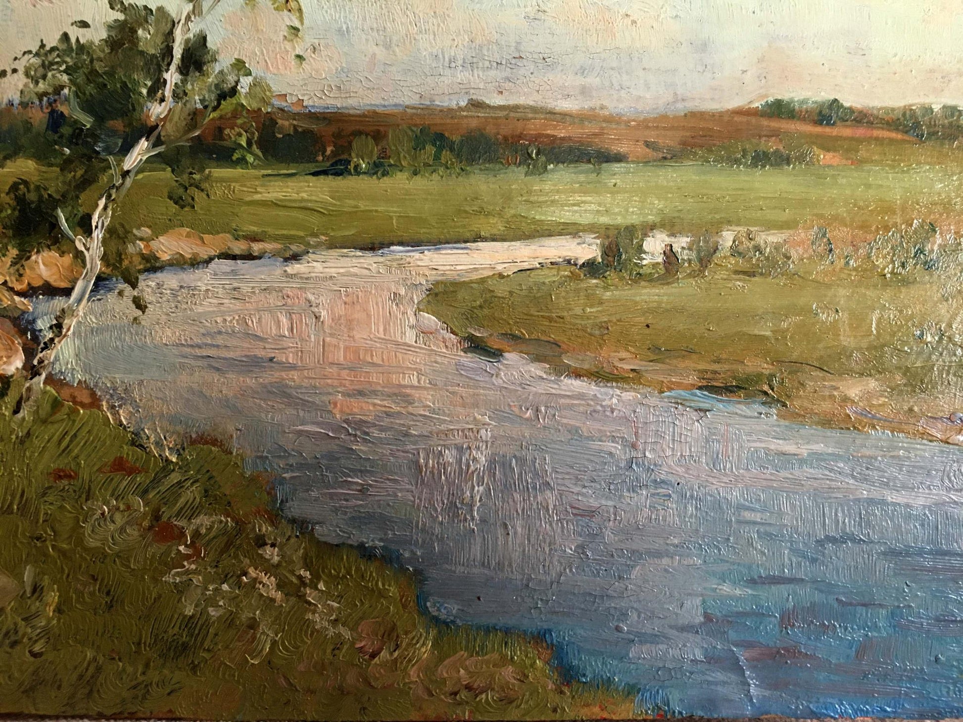 Oil painting River landscape by Sergeyev N. S. serene river in green fields