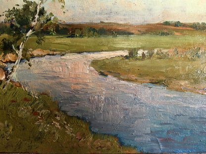 Oil painting River landscape by Sergeyev N. S. serene river in green fields