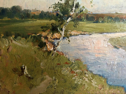 Oil painting by Sergeyev N. S.: birch tree by river in grassy fields