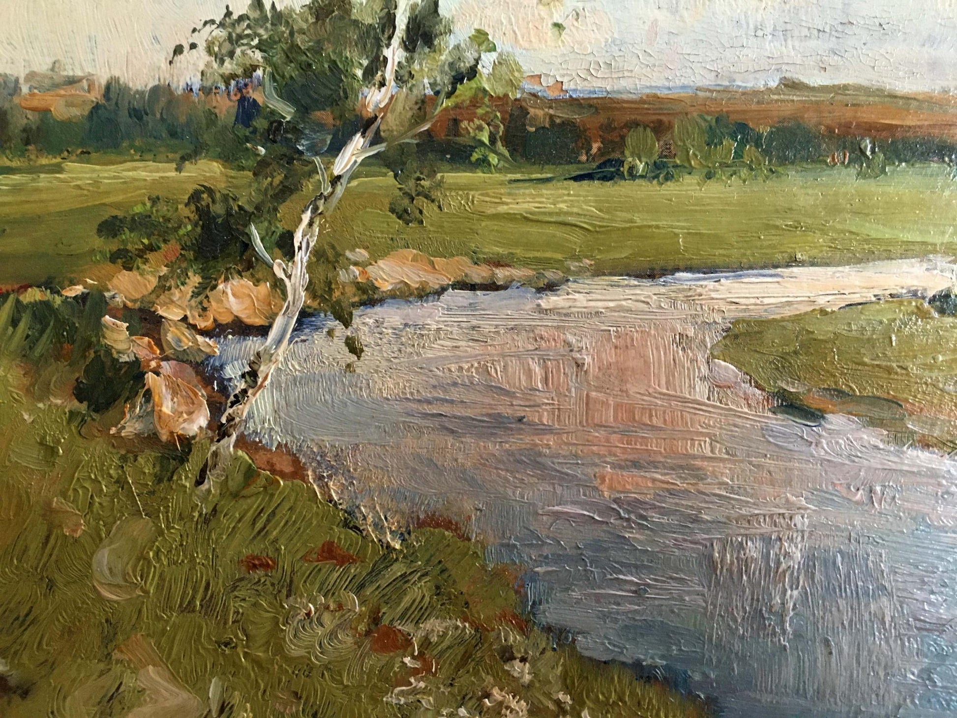 Oil painting River Landscape by Sergeyev N.S. with white tree over river
