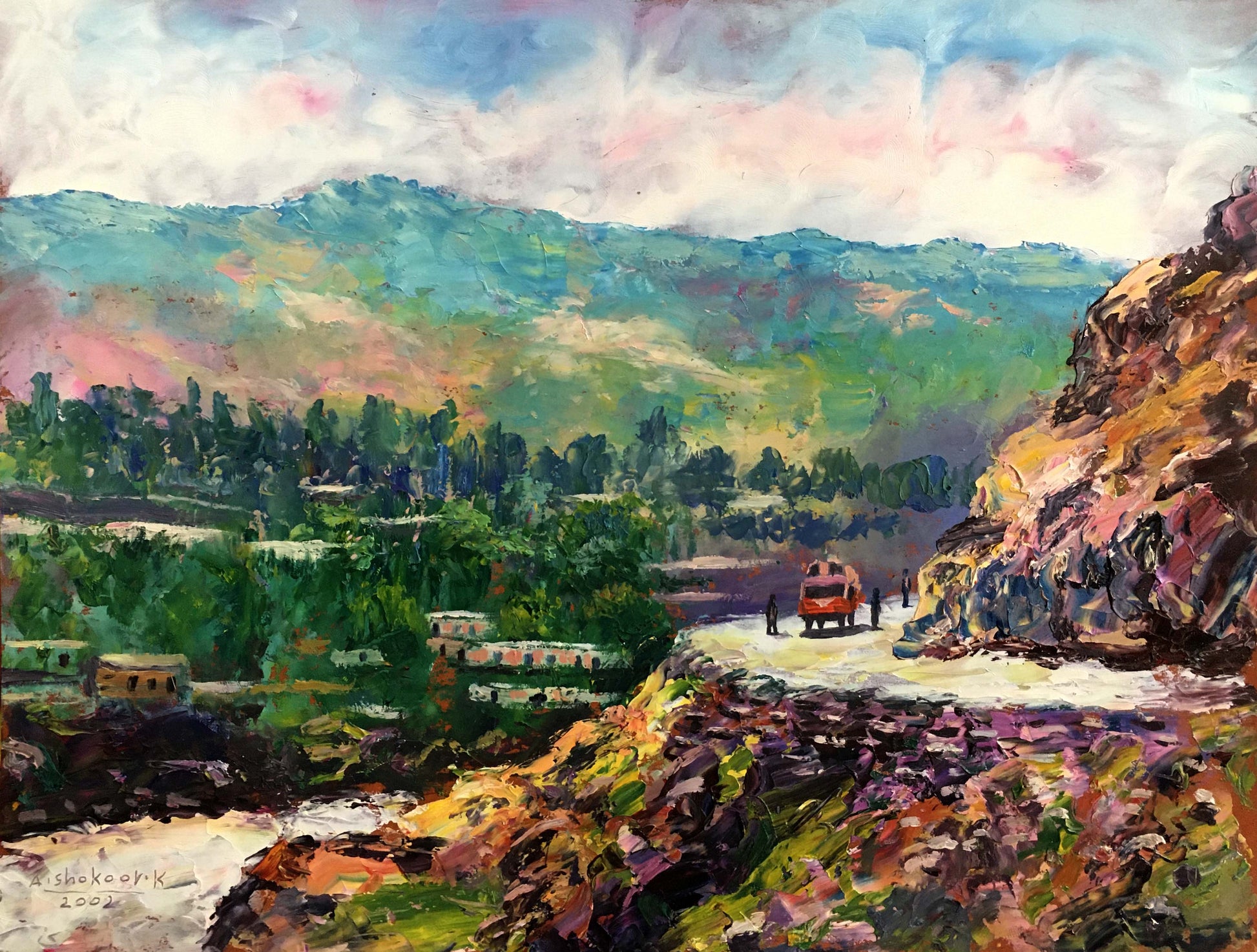 Red vintage truck on winding mountain road oil painting by Aishokoovk