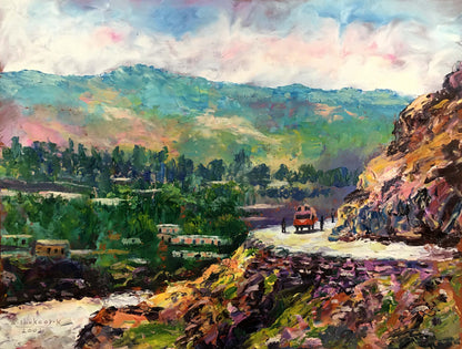 Red vintage truck on winding mountain road oil painting by Aishokoovk
