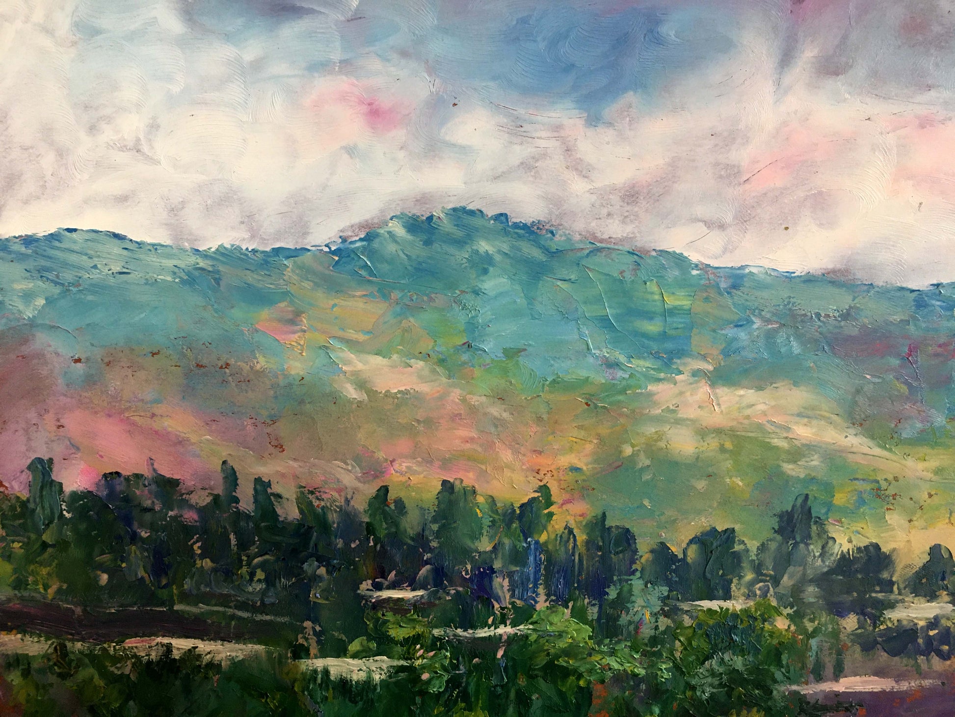 Vibrant impressionistic oil painting A trip to another country Aishokoovk hills and sky