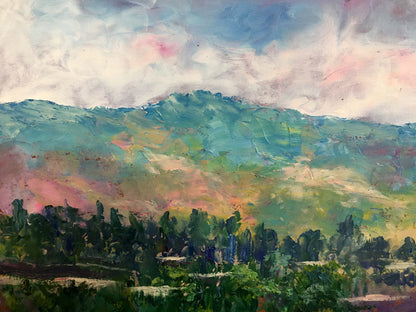 Vibrant impressionistic oil painting A trip to another country Aishokoovk hills and sky
