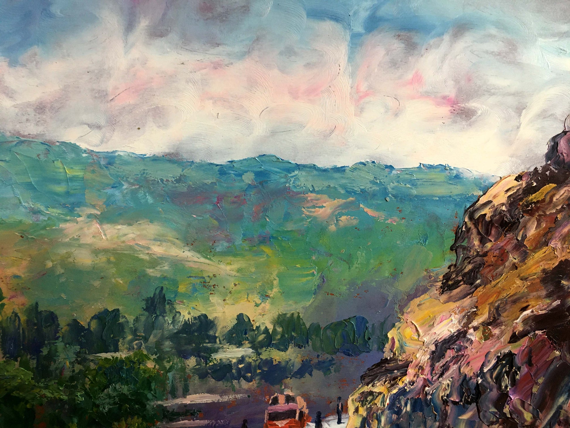 Vibrant impressionist oil painting A trip to another country Aishokoovk with green hills and pink-blue sky