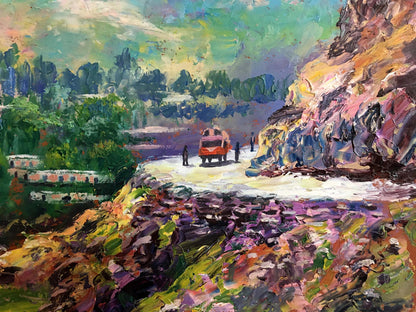 Oil painting of orange vehicle on winding mountain road, A trip to another country by Aishokoovk