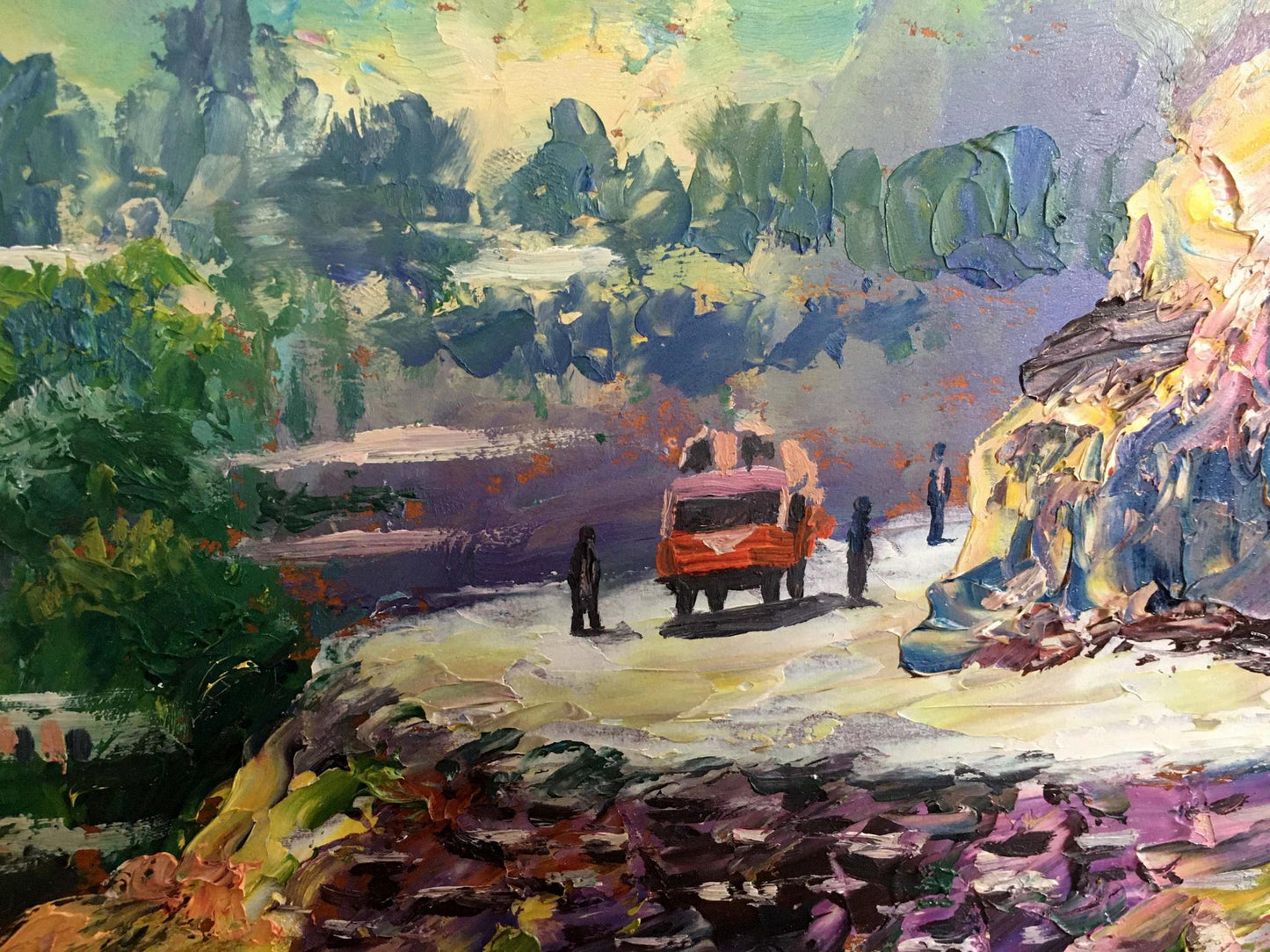 Oil painting of vibrant orange truck on mountain road by Aishokoovk