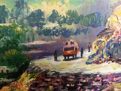 Oil painting of vibrant orange truck on mountain road by Aishokoovk