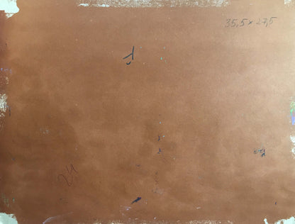 Back of oil painting A trip to another country Aishokoovk on brown textured paper with markings