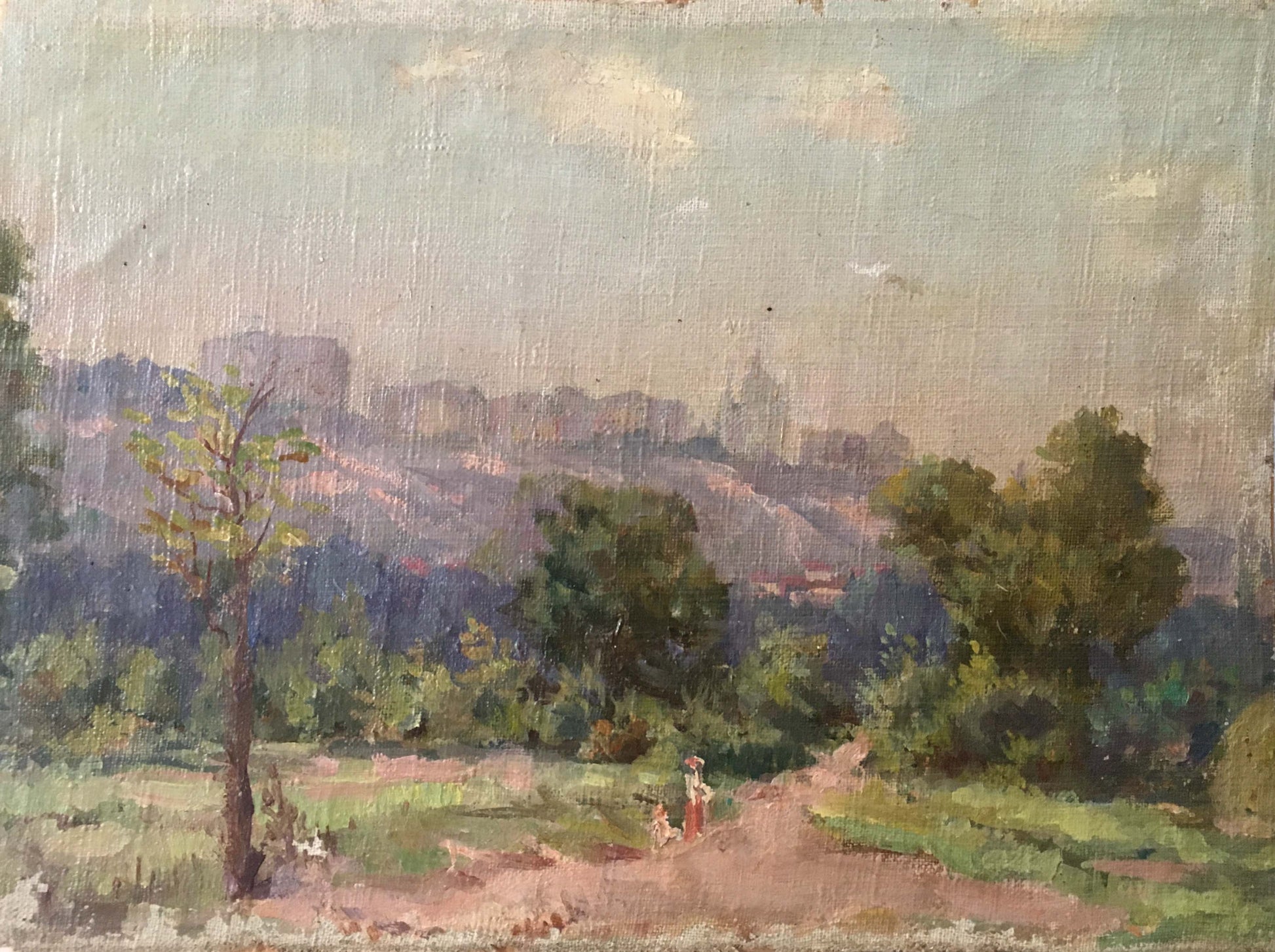 Oil painting Way Home by Nevkrytyy Denis Nikiforovich, hazy cityscape hills