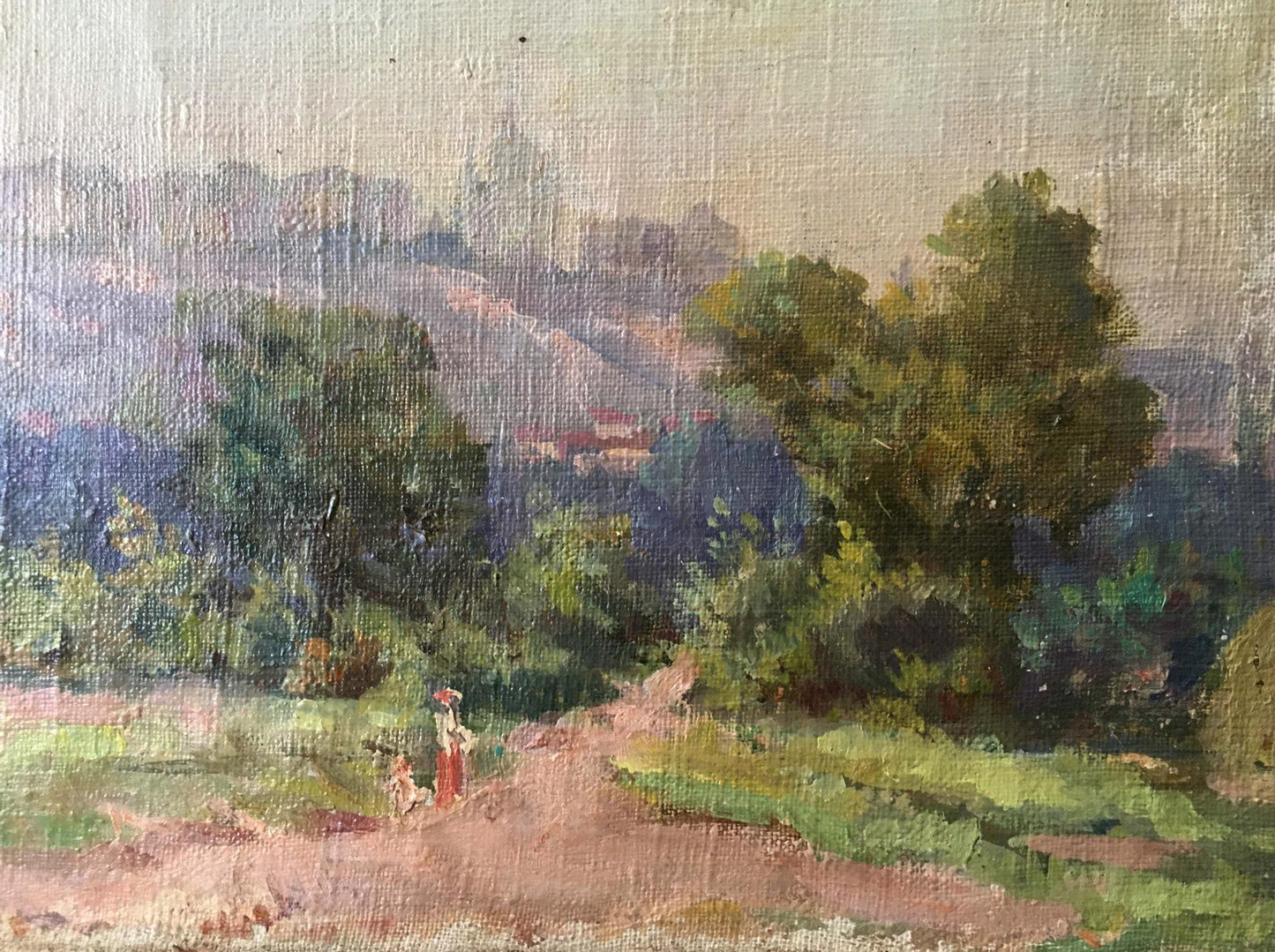 Impressionistic oil painting Nevkrytyy Denis Nikiforovich Way home hazy green landscape