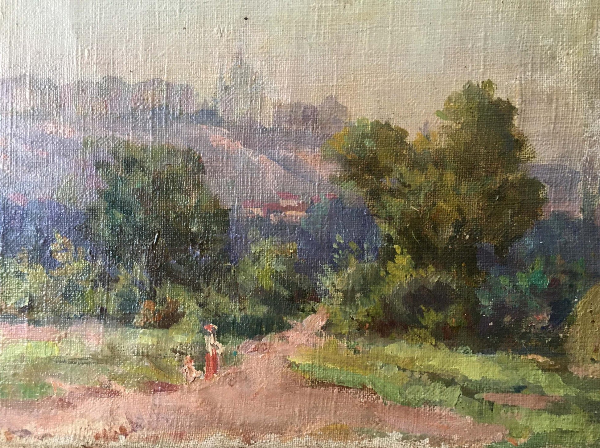 Impressionistic oil painting Nevkrytyy Denis Nikiforovich Way home hazy green landscape