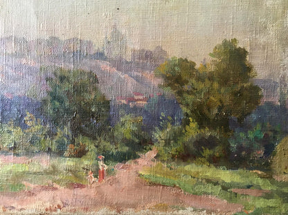 Impressionistic oil painting Nevkrytyy Denis Nikiforovich Way home hazy green landscape