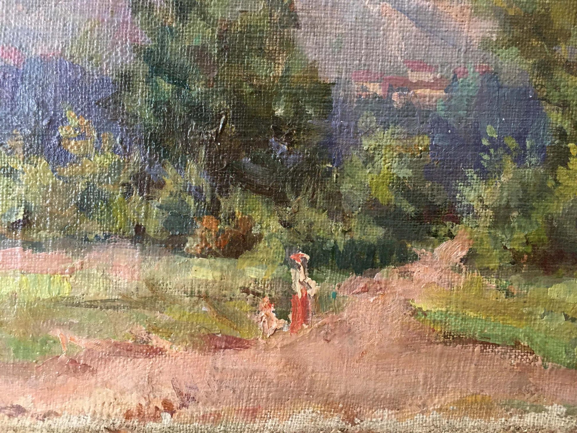 Oil painting by Nevkrytyy Denis Nikiforovich: woman in red dress walking home with child on dirt path amid green trees and hills