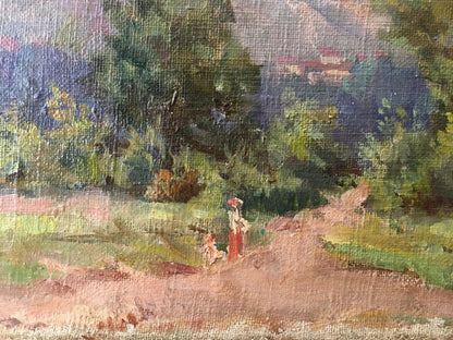 Oil painting by Nevkrytyy Denis Nikiforovich: woman in red dress walking home with child on dirt path amid green trees and hills