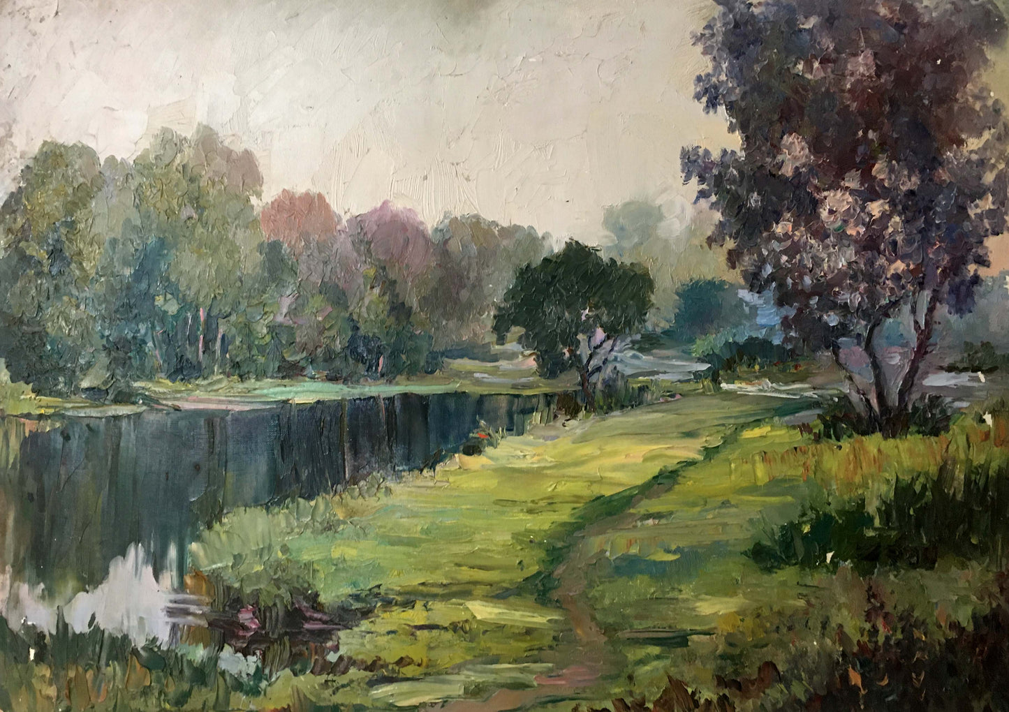Textured impressionist oil painting of serene riverbank by Lednev Dmytro Yakovych