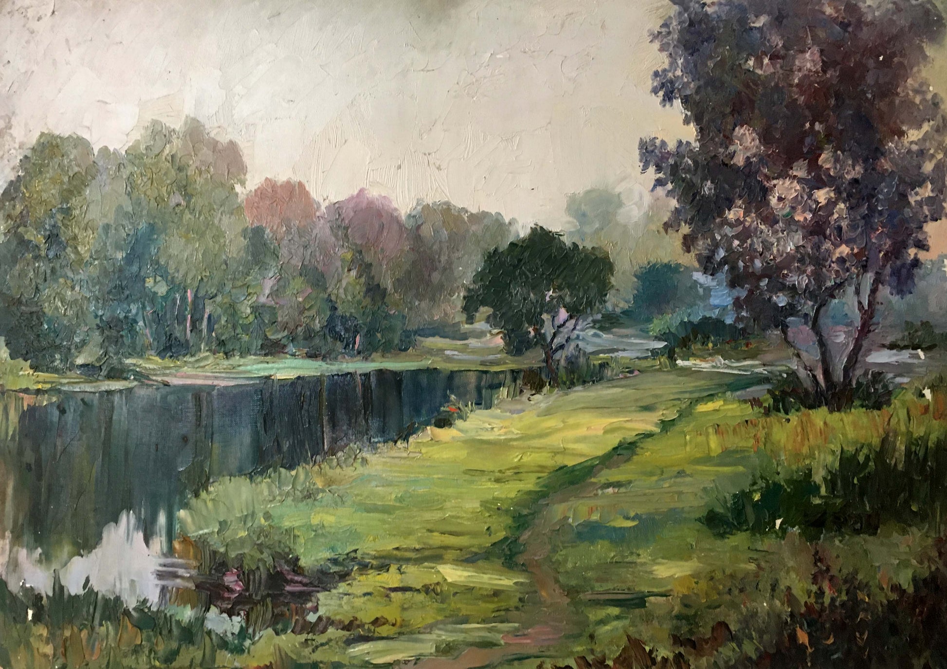 Textured impressionist oil painting of serene riverbank by Lednev Dmytro Yakovych