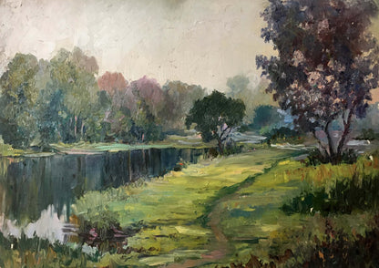 Textured impressionist oil painting of serene riverbank by Lednev Dmytro Yakovych