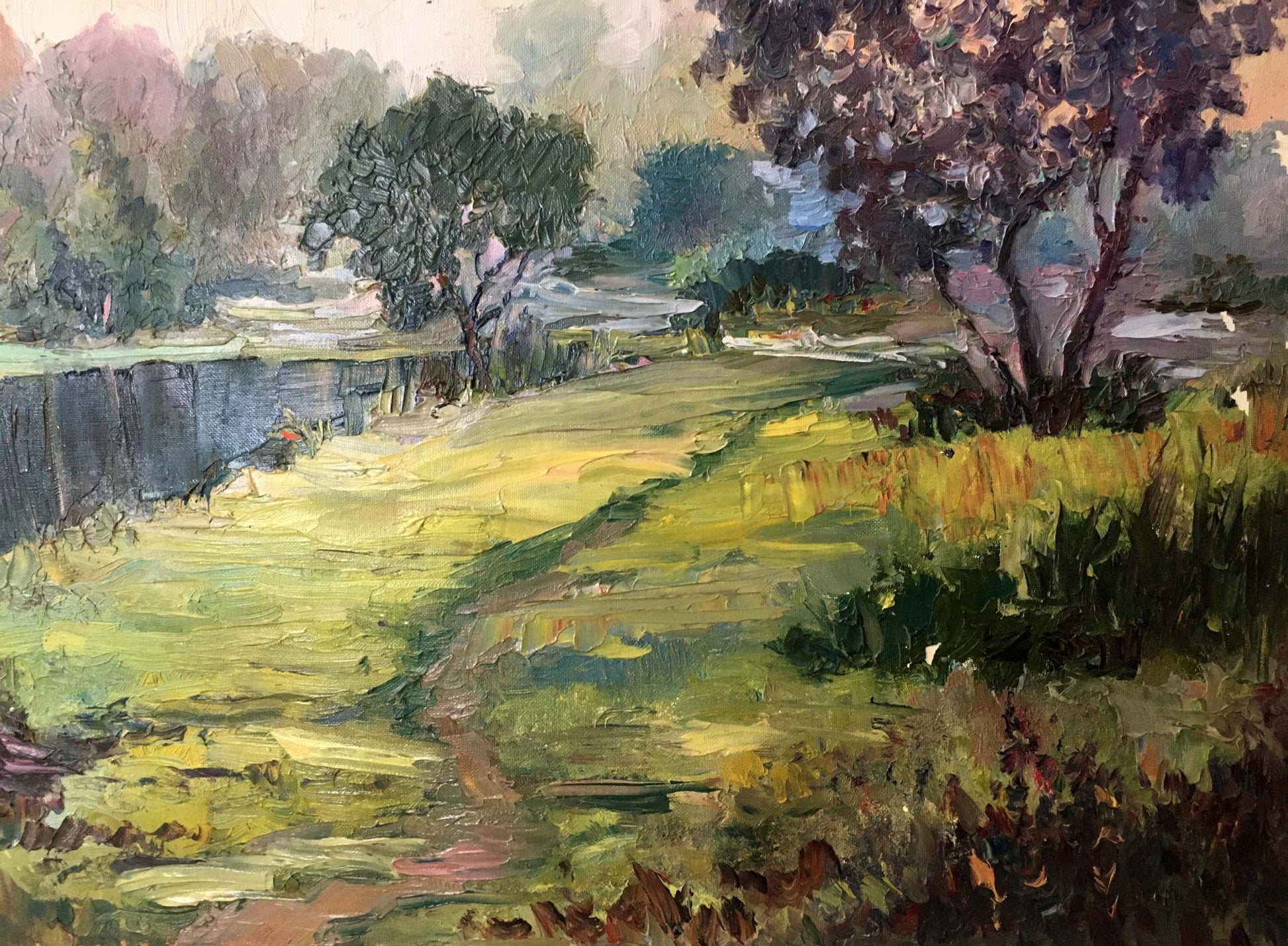 Oil painting by Lednev Dmytro Yakovych: impressionistic river landscape path