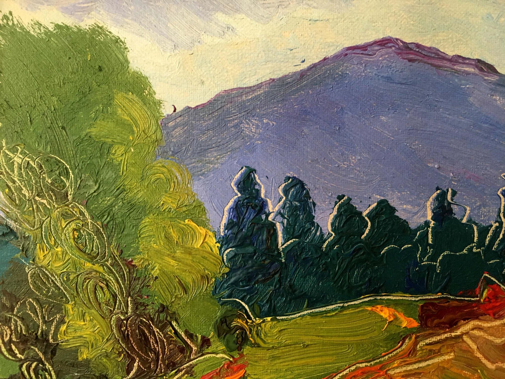 A vibrant impressionist painting featuring a lush green tree on the left, silhouetted dark figures in the center, and a purple-hued mountain under a soft sky.