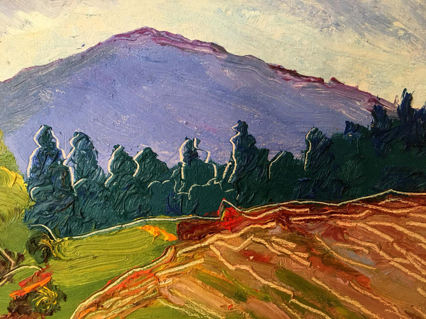 Vibrant oil painting of purple mountain landscape by Lednev Dmytro Yakovych