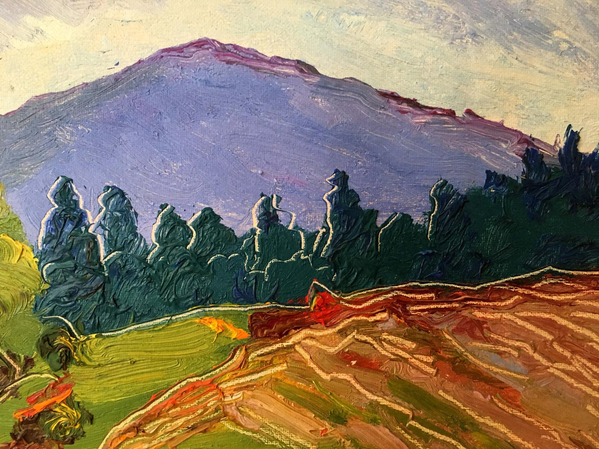 Vibrant oil painting of purple mountain landscape by Lednev Dmytro Yakovych