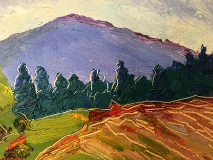 Vibrant oil painting of purple mountain landscape by Lednev Dmytro Yakovych